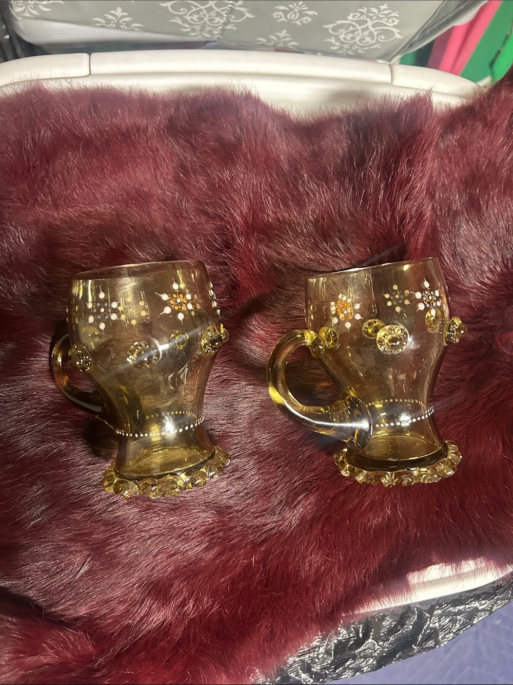 Set of Two Amber Glass Mugs with Decorative Studs